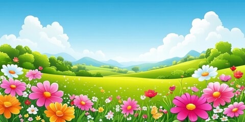Charming Vector Cartoon Spring Landscape with Colorful Flowers, Green Hills, and Blue Sky Ideal for Seasonal Celebrations and Designs