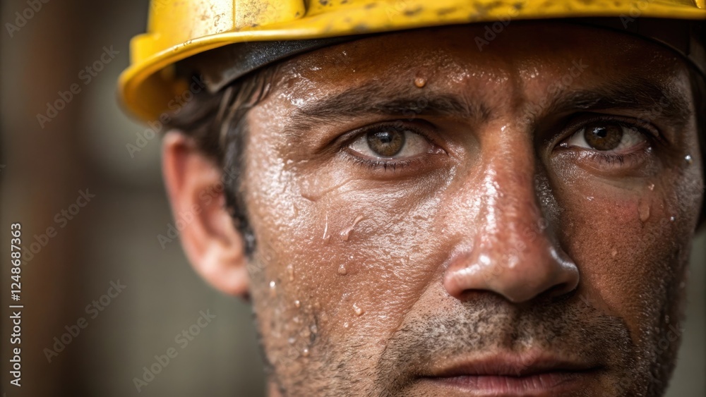 Poster in a closeup droplets of sweat bead on the workers brow the rugged texture of their skin emphasized 
