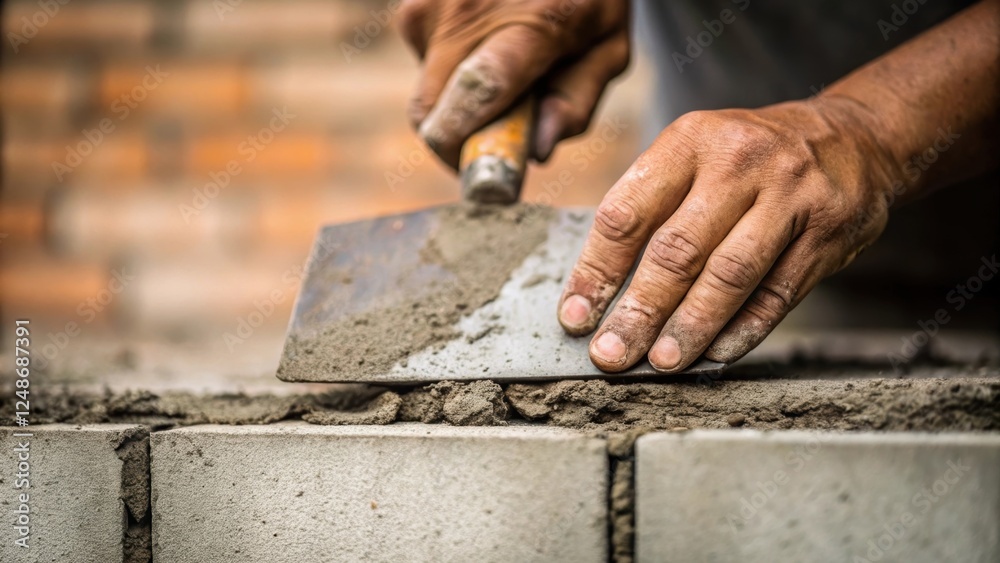 Poster Hands gripping a trowel seen from a close angle skillfully applying mortar as the foundation for stacking dirtencrusted fingernails emphasizing the gritty nature of the job.