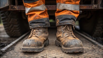 Focusing on the loggers protective gear the closeup captures the scuffs and scratches on his sy boots and chaps evidence of hard labor and commitment to safety.