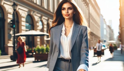 Fototapeta premium A woman in a suit walks down the street. Professional and confident, she embodies success. Perfect for business, fashion, or lifestyle themes.
