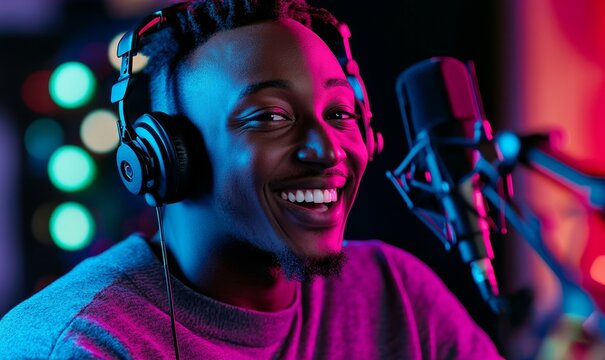 Energetic radio host recording podcast in modern broadcasting studio during nighttime, vibrant bokeh lights, engaging and lively podcasting session, 