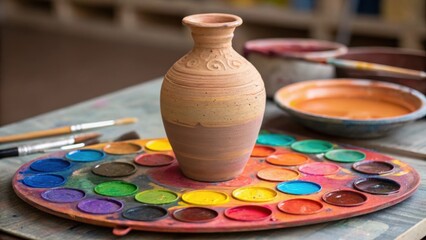 In a medium closeup the potters palette is visible showcasing a variety of colorful mixed paints arranged in organized chaos hinting at the creative process behind each stroke