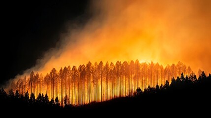 A forest fire rages, flames contrasting sharply with the silhouetted trees. The image captures environmental devastation and the destructive power of nature.