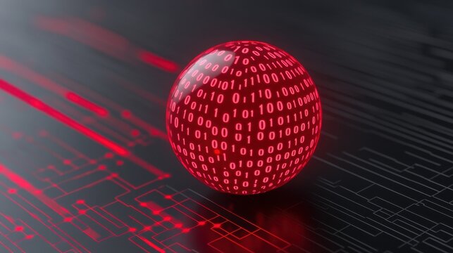 A glowing globe formed from binary code (0s and 1s), highlighted in fiery red, representing the vast
