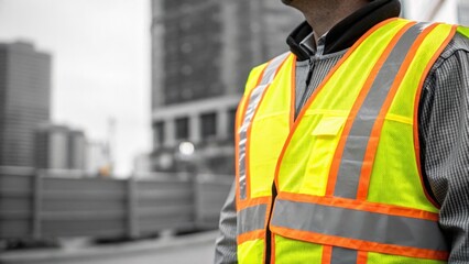 Fototapeta premium Medium closeup focusing on the workers reflective safety vest with bright yellow and orange accents brightly contrasting against the gray urban background emphasizing his role as a
