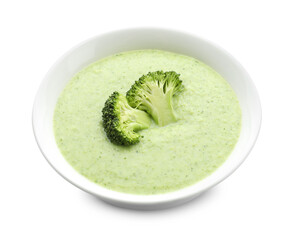Delicious broccoli cream soup in bowl isolated on white