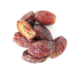 Many tasty dried dates isolated on white, top view