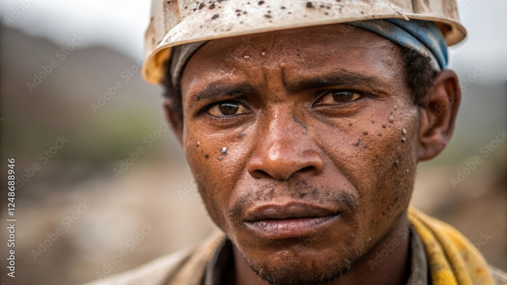 Poster Medium closeup of the laborers face focused and determined with beads of sweat mixing with soil on the forehead capturing a moment of concentration amidst the hard work.