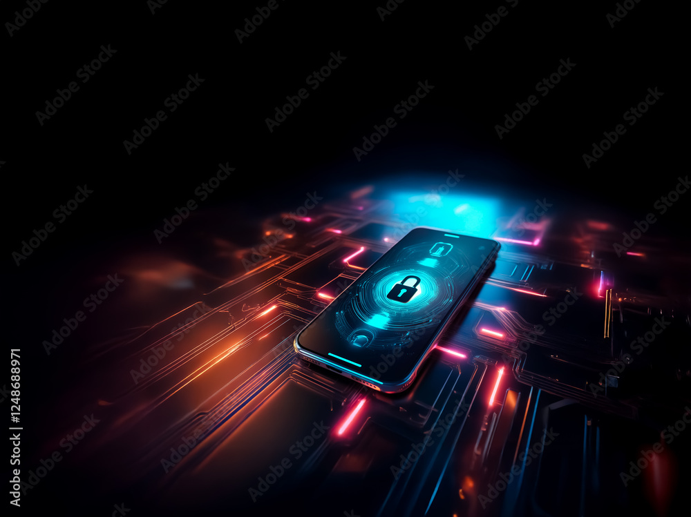 Leinwandbilder a secure smartphone with a lock icon glows on a digital circuit surface in the dark, representing mo