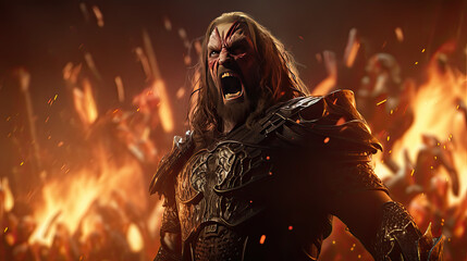 Ferocious Barbarian Warrior Leading Army Through Fiery Battlefield