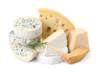 Different types of cheese and rosemary isolated on white