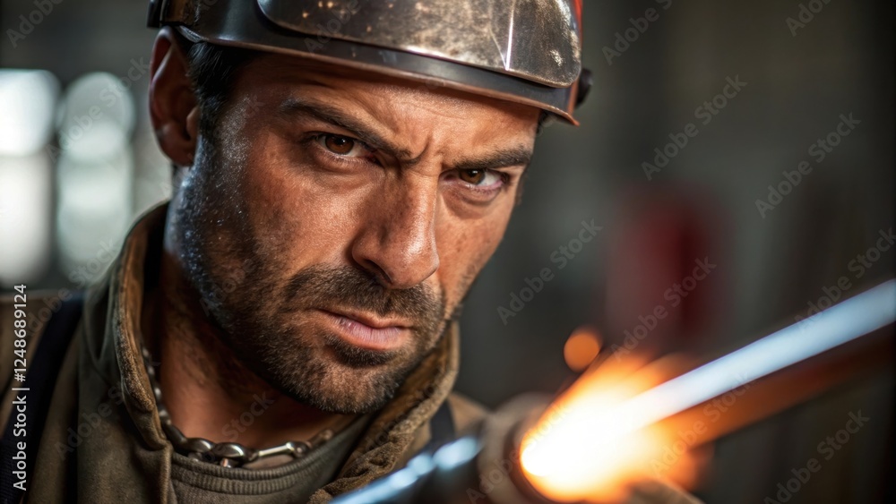 Poster medium closeup of the welders face sweat beading on his forehead and eyes squinting showcasing the d