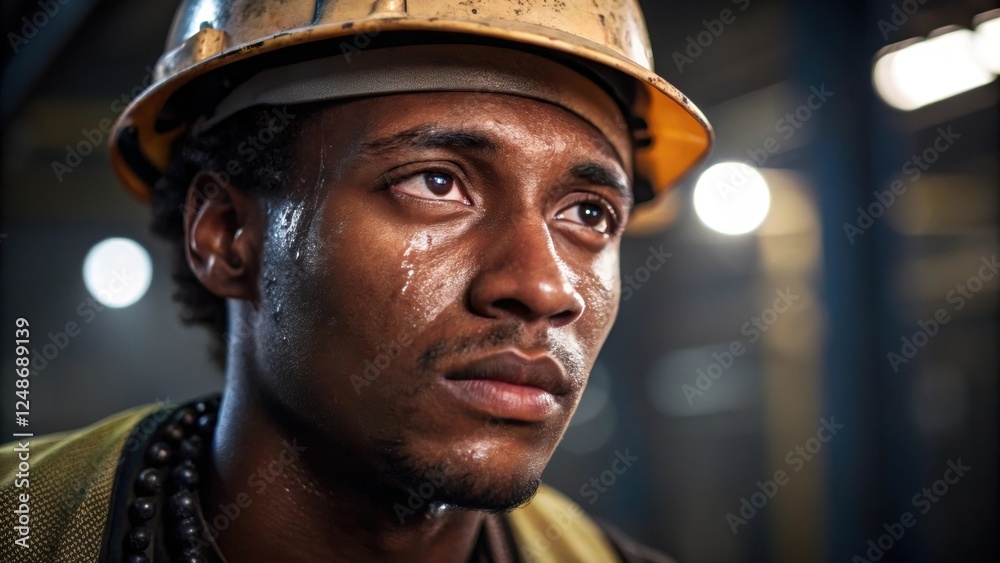Poster Medium closeup of the workers determined expression beads of sweat forming on their brow as they concentrate on a task. The industrial lighting casts shadows accentuating the