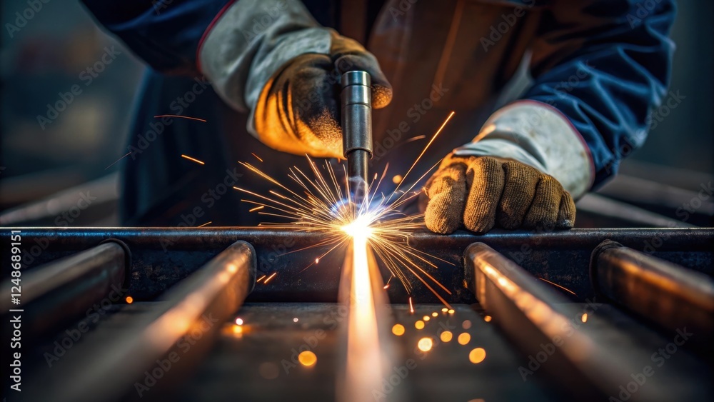 Poster medium closeup of the workers hands skillfully maneuvering the welding torch emphasizing the laborer