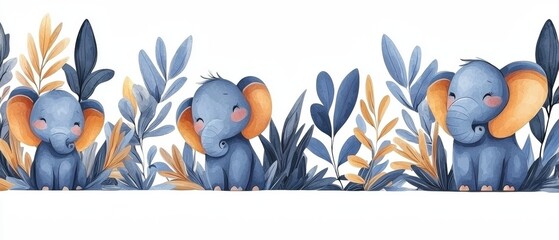 Cute Watercolor Elephants Surrounded by Colorful Leaves in Decorative Frame and Border Design
