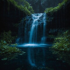A hidden waterfall surrounded by floating bioluminescent plants.