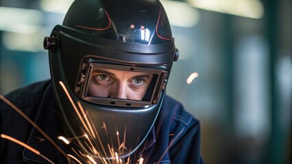 Medium closeup of the welders protective mask raised slightly revealing focused eyes that speak to years of experience. Sparks fly around as they align the welding tool with