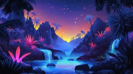 Fototapeta premium Neon Tropical Night Vibrant Waterfalls and Starry Sky