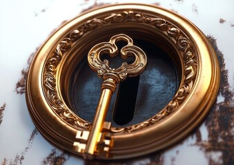 Obraz premium Intricate Golden Key in Vintage Lock Close-Up