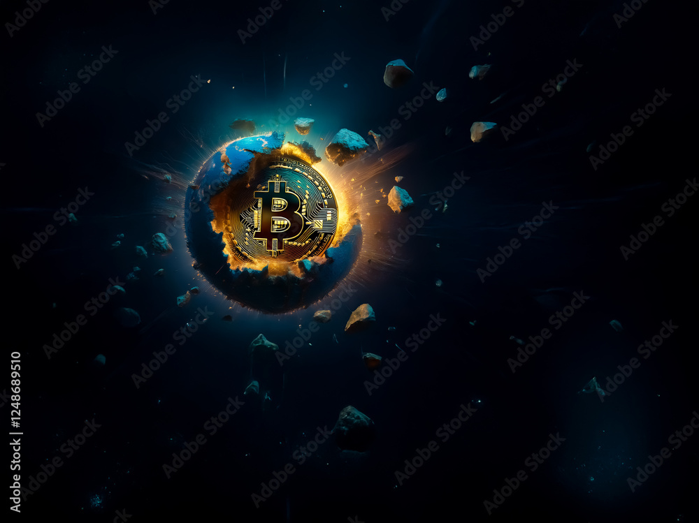 Poster a globe in space is fracturing, revealing a golden bitcoin symbol at its core, surrounded by debris 