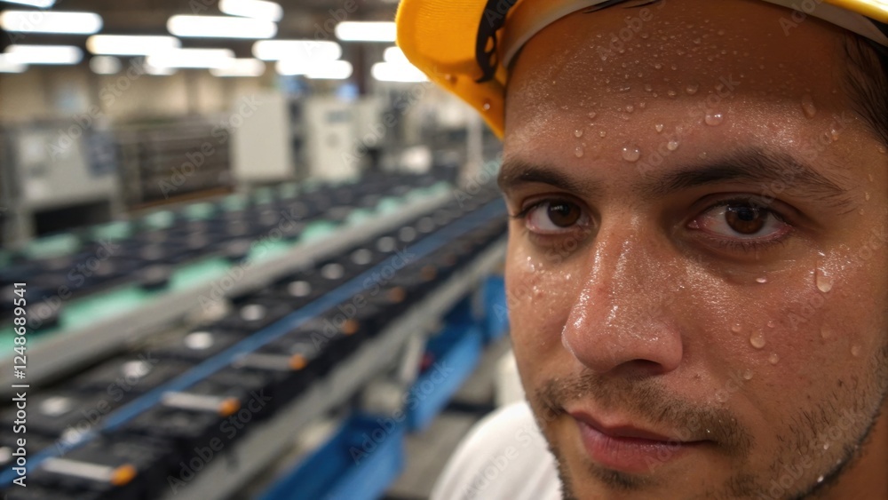 Aufkleber Sweat beads on the workers forehead captured in a closeup revealing the physical effort required in the assembly process with rows of electronic devices in the background hinting