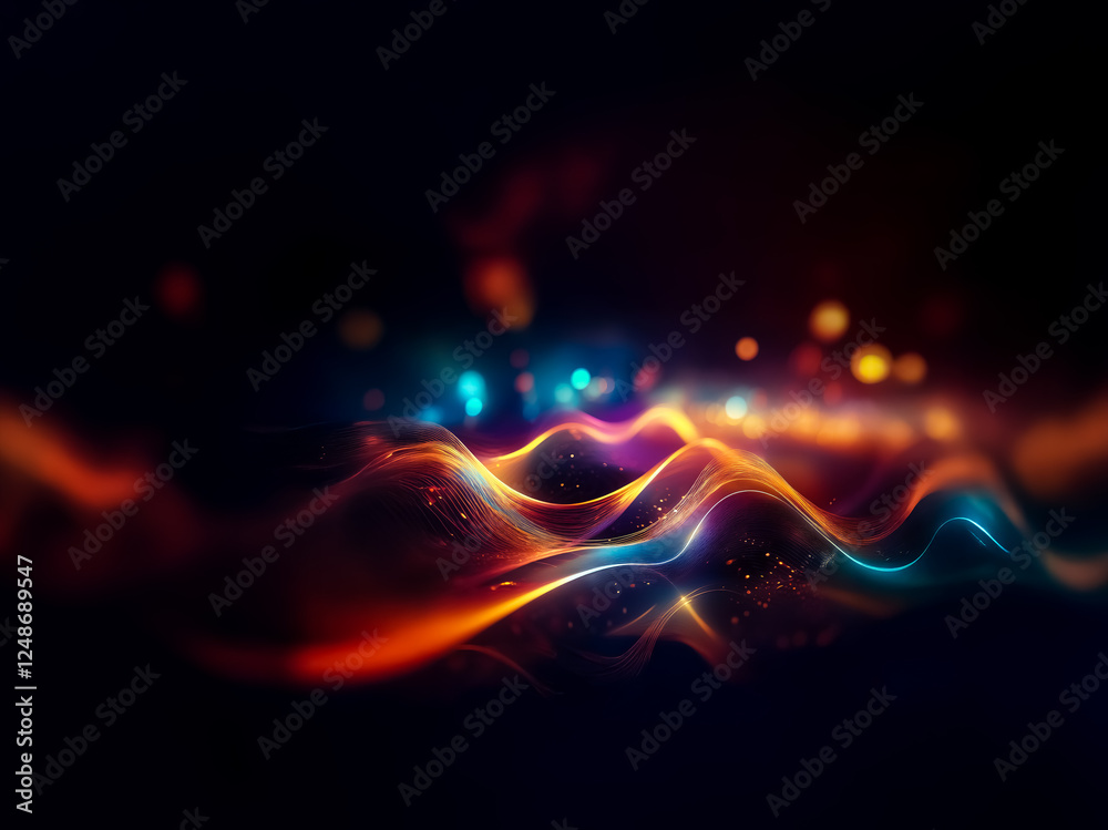 Poster abstract flowing waves of light in vibrant orange, yellow, and blue hues against a dark backdrop. it