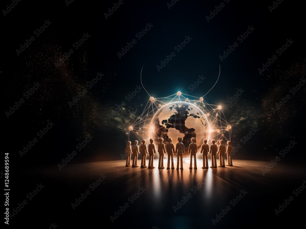 Poster silhouetted figures stand encircling a luminous globe. illuminated lines extend from the world, conn