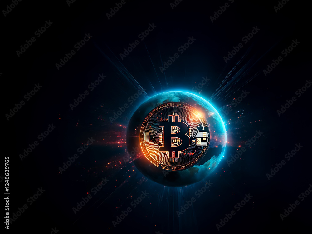 Poster A digital currency symbol is encased in a glowing sphere with bright light rays. The sphere appears to be floating against a dark backdrop creating a futuristic and technological scene.