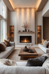 Cozy modern living room with fireplace and warm lighting in luxury home vertical orientation