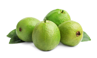 Fresh guava fruits with leaves isolated on white