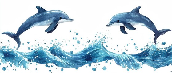 Naklejka premium Cute Watercolor Dolphins Jumping Over Waves in a Playful Sea Scene with Artistic Frame and Border