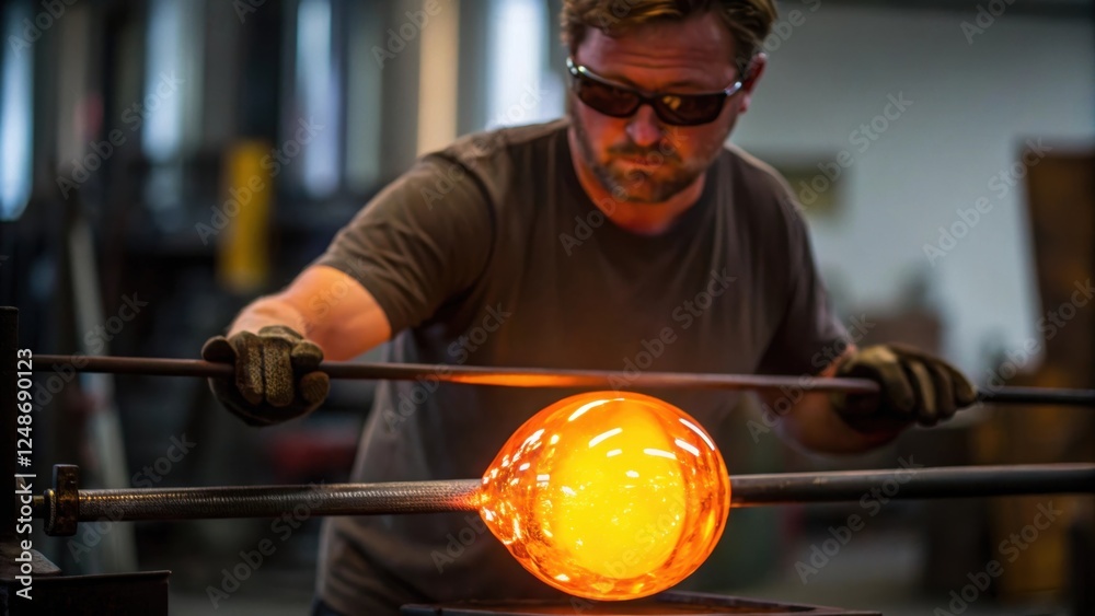 Poster the glassblower seen in a medium closeup takes a deep breath as they manipulate a glowing mass their