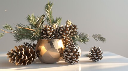 A festive table centerpiece with golden accents and pinecones, set on a pristine white surface.