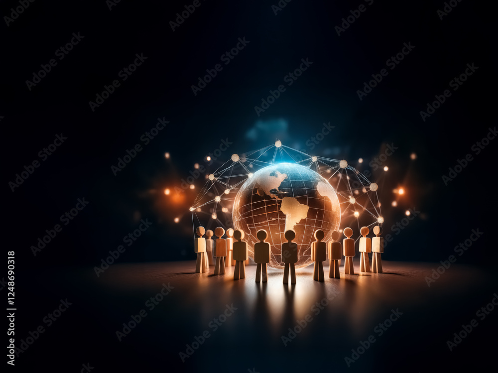 Fototapete A group of figures encircles a luminous globe, connected by a bright network, against a dark backdrop, symbolizing global connection and futuristic technology.