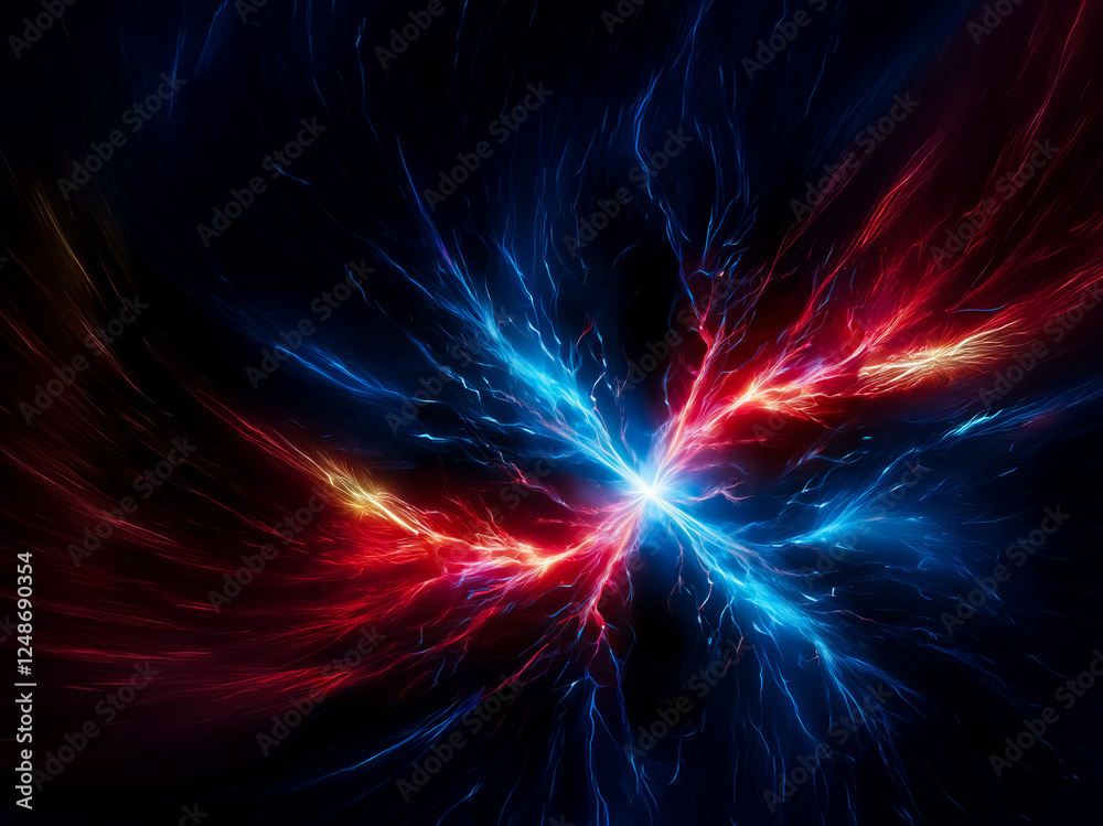 Fototapete Abstract image featuring dynamic blue and red light streaks radiating from a central point on a dark backdrop, creating a powerful and energetic visual effect.