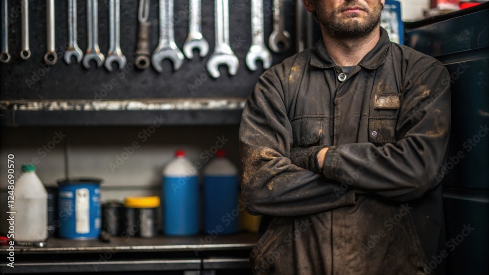 Poster the mechanic leans against a tool bench in a closeup with elements like wrenches and oil cans blurre