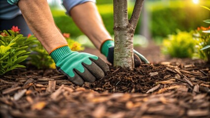 Fototapeta premium The landscapers hands adorned with gardening gloves carefully lay down mulch around the base of a small tree showcasing the details of the textured wood and rich organic material.