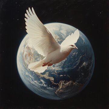 Paloma de la Paz sobre volando el planeta tierra, s&iacute;mbolo de la paz en la tierra y tranquilidad pol&iacute;tica.