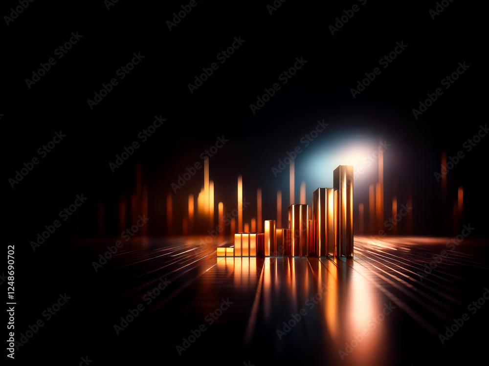 Poster Gleaming golden bars in step formation on a reflective surface, set against a dark backdrop. Abstract and elegant representation of growth.