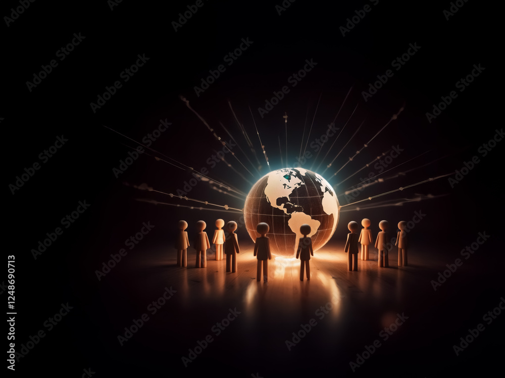Poster A glowing globe illuminates a group of figures standing around it on a dark reflective surface. Light rays emanate outwards from the world in this conceptual image.