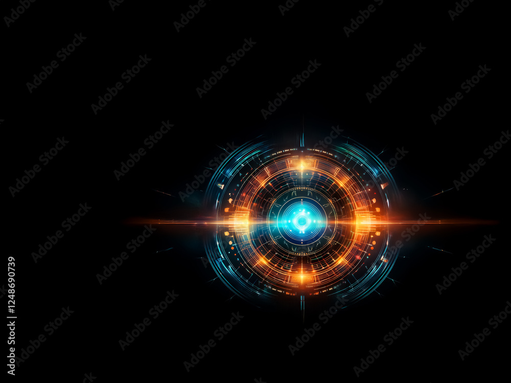 Aufkleber futuristic glowing circle design element with vibrant orange and blue light bursts on a dark backdro
