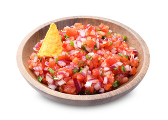 Delicious salsa and nacho chip in bowl isolated on white