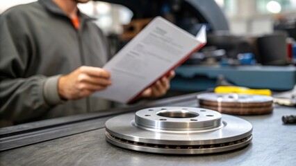 The medium closeup reveals a technician consulting a service manual a brake disc resting on the workbench beside them indicating the balance of technical skill and adherence to