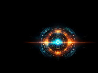 Futuristic glowing circle design element with vibrant orange and blue light bursts on a dark backdrop. Abstract radial pattern with a technological feel.