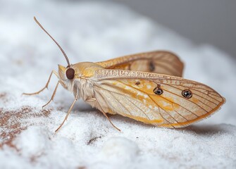 Obraz premium Close-Up Photograph of Flour Moth on Powdery Surface with Detailed Wings and Soft Lighting