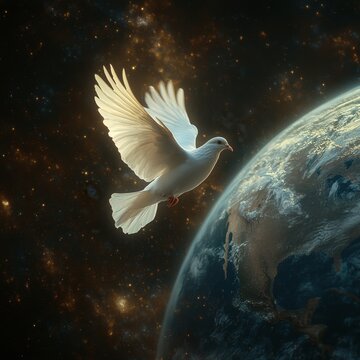 Paloma de la Paz sobre volando el planeta tierra, s&iacute;mbolo de la paz en la tierra y tranquilidad pol&iacute;tica.