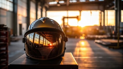 Fototapeta premium The operators helmet reflects the warm hues of the setting sun streaming through warehouse windows embodying tranquility amidst the bustling environment with blurred machinery in