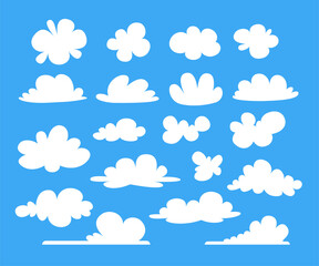 Clouds silhouettes cartoon blue background set. Simple flat style.