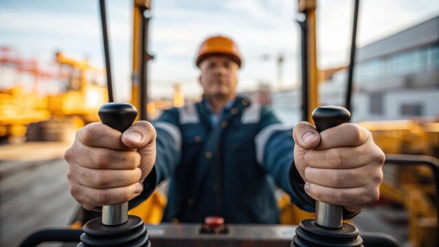 The operators hands grip the control levers firmly s visibly standing out with a backdrop of machinery and construction materials blurred highlighting their concentrated focus on